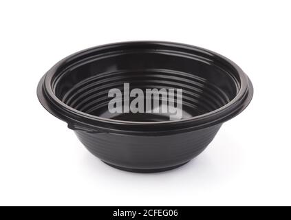 Black empty disposable plastic takeaway bowl isolated on white Stock Photo
