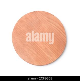 Top view of round wooden cutting board isolated on white Stock Photo