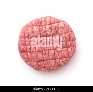 Top view of fresh raw burger patty isolated on white Stock Photo
