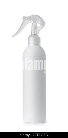 Side view of white plastic trigger spray bottle isolated on white Stock Photo