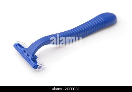 New plastic disposable blue razor isolated on white Stock Photo