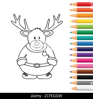 cute christmas deer for coloring book with pencils vector illustration EPS10 Stock Vector