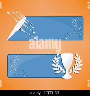 Blue rowing banners with boat and cup. Vector illustration in paper cut style Stock Vector
