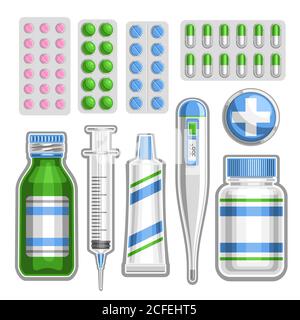 Vector Medical Set, 10 cut out illustrations of green and pink pills in different packs, decorative cross for first aid kit, collection of cartoon med Stock Vector