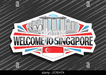 Vector logo for Singapore, white decorative label with illustration of modern singapore city scape on day sky background, tourist fridge magnet with u Stock Vector