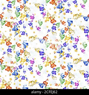 Beautiful seamless background with paper snowflake, gold stars confetti, curly ribbon on white. Ggreat for New year and Christmas party posters, heade Stock Vector