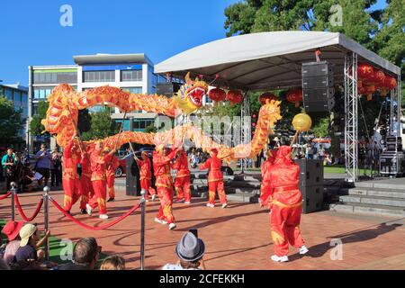 Chinese New Year celebrations. Dragon dancers perform with a bright red and golden dragon in front of a crowd. Hamilton, New Zealand, 2/16/2019 Stock Photo