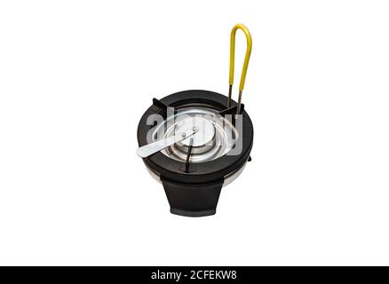 Old, portable gas burner with yellow handle, isolated on a white background with a clipping path. Stock Photo