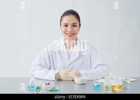 the scientist, dermatologist formulate organic natural cosmetic product in the laboratory Stock Photo