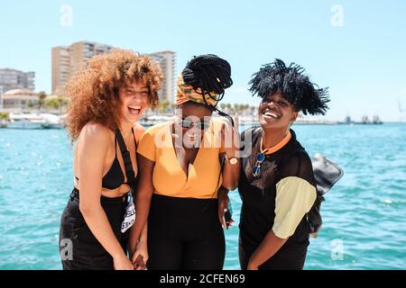 Side view of multiethnic female friends embracing and laughing in city on background of clear water of sea on sunny day Stock Photo