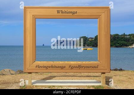 A giant frame on the waterfront in Whitianga, New Zealand, for tourists to use in photos Stock Photo