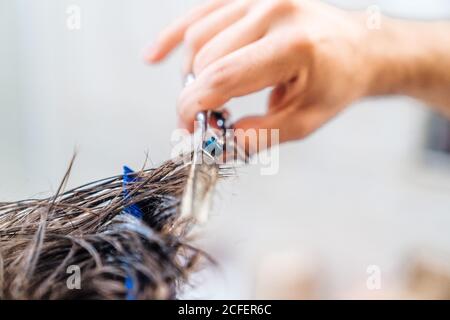 Side view of unrecognizable male making haircut to guy using scissors against blurred interior of light bathroom at home Stock Photo