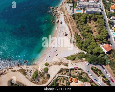 Aerial view of a small beach in the mediterranean sea. Cala del Pinar, north of Vinaros city in Valencia, Spain. Stock Photo