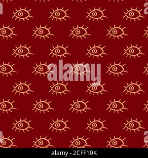 Seamless pattern with hand drawn outline eyes on dark red background. Vector illustration. Stock Vector
