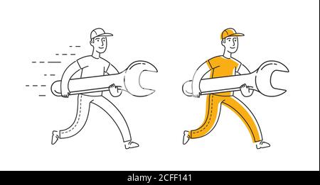 Repair symbol. Mechanic running with wrench. Logo vector illustration Stock Vector