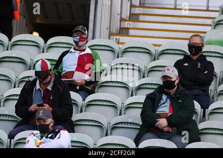 LONDON, ENGLAND. SEPTEMBER 5TH 2020 fans sitting in the stands during the Gallagher Premiership match between Harlequins and Bath Rugby at Twickenham Stoop, London. (Credit: Jacques Feeney | MI News) Credit: MI News & Sport /Alamy Live News Stock Photo