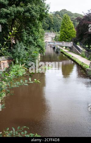 Around the UK - 'Happy Valley' Rochdale Canal passing through Hebden Bridge in West Yorkshire, UK Stock Photo