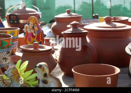 colorful crockery vase, handcrafted traditional clay pot in market Stock Photo