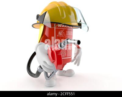 Fire extinguisher character holding gasoline nozzle isolated on white background Stock Photo