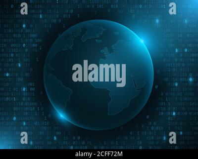 Futuristic planet Earth with binary code on a dark blue background. World map with blue lights. Hi-tech design. 3d globe and world network. Vector ill Stock Vector