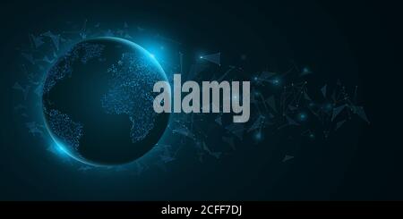 Futuristic planet Earth with triangle elements on a dark blue background. World map of dots with blue lights. Hi-tech design. 3D globe and world netwo Stock Vector