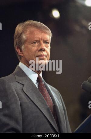 Jimmy Carter at the podium during a press conference ca.  10 October 1978 Stock Photo