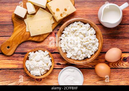 Different types of dairy products. Top view. Stock Photo