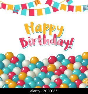 Greeting card template - Colorful pattern with a lot of gumballs, mixed colors. Vector birthday background. Bright game background with glossy balls. Stock Vector