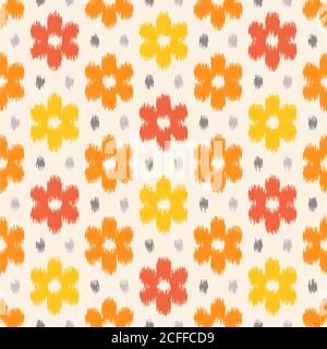 Seamless geometric pattern, based on ikat fabric style. Vector illustration. Yellow and orange seamless floral pattern. Stock Vector