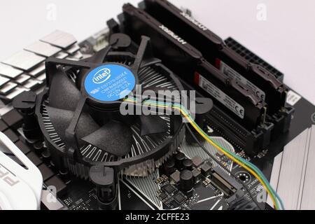 Buenos Aires, Argentina - August 2,2019: Cooler of Intel microprocessor on Asus motherboard. Stock Photo