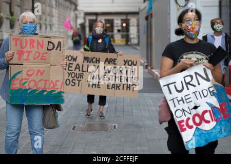 London, UK. 05th Sep, 2020. Earthstrike and Extinction Rebellion protestors gather outside Blackrock Investment Bank in London to demonstrate against their environmental policies as part of the Autumn Uprising. 5th September 2020 Credit: Denise Laura Baker/Alamy Live News Stock Photo
