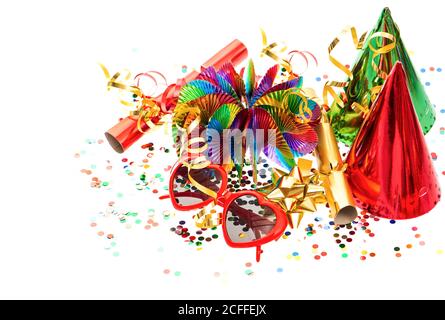 Party decoration garlands, streamer, cracker and confetti. Birthday, carnival, holidays background Stock Photo