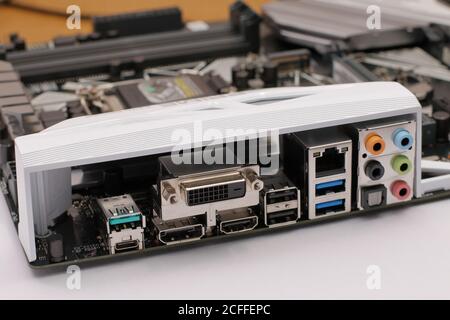 Buenos Aires, Argentina - August 2,2019: Input and output ports on the back panel of a motherboard. Stock Photo