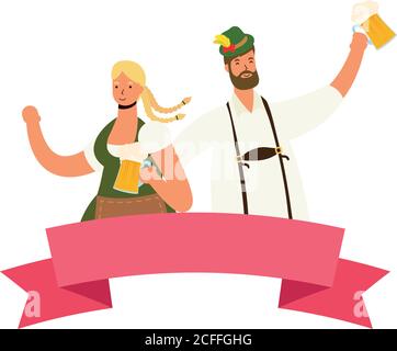 german couple wearing tyrolean suit drinking beers vector illustration design Stock Vector