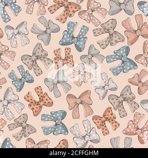 Seamless pattern background with beige dotted bow and bow-tie. Vector backdrop for holiday decorating greeting cards for wedding, birthday, Valentine Stock Vector