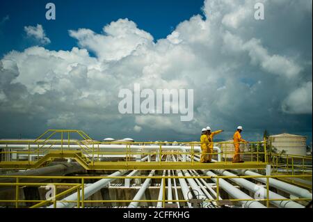 Wide Shot of multi-gender and ethnic Petroleum Workers on Refinery Area. High quality photoMulti-Ethnic female and male industry engineers in protective clothing hart hat walking on a walkway bridge over petrochemical refinery plant pipelines. Successful African Chinese oil gas cooperation. Stock Photo