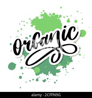 Organic brush lettering. Hand drawn word organic with green leaves. Label, logo template for organic products, healthy food markets. Stock Vector