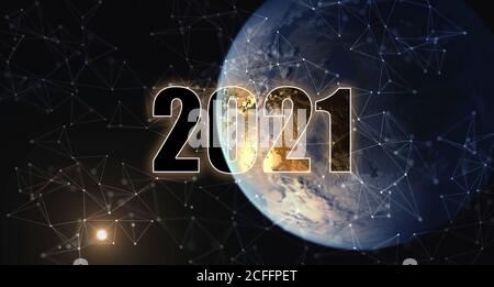 The number 2021 in space against the background of the planet earth. Year of high technologies and space development. Elements furnished by NASA Stock Photo