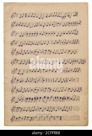 Paper sheet with handwritten musical notes. Background for scrapbook, decoupage, overlay Stock Photo