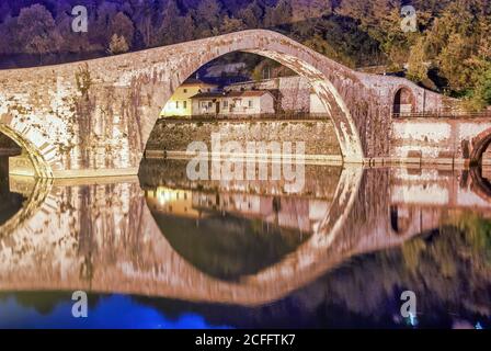 Devils Bridge at night, Lucca - Italy. Stock Photo