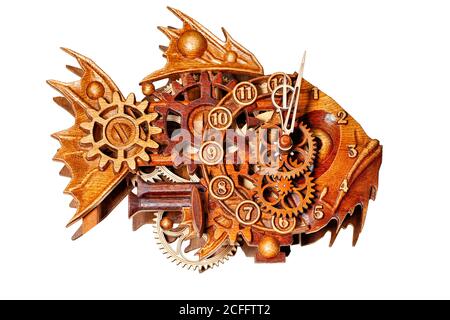 Beautiful wooden wall clock with wooden gears, numbers and arrows isolated on white background. Stock Photo