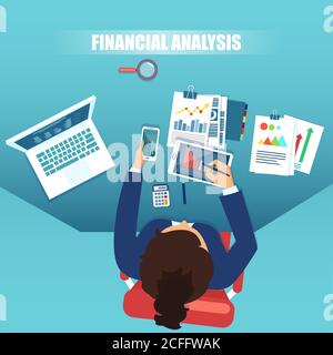 Vector top view of a businesswoman working on financial analysis, statistics and strategy for a successful development. Stock Vector