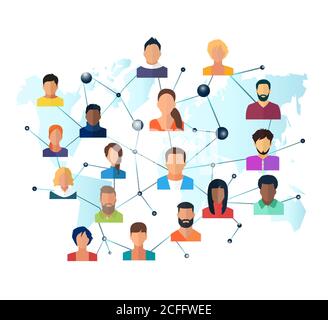 Vector of a global network of interconnected people on a world map background Stock Vector