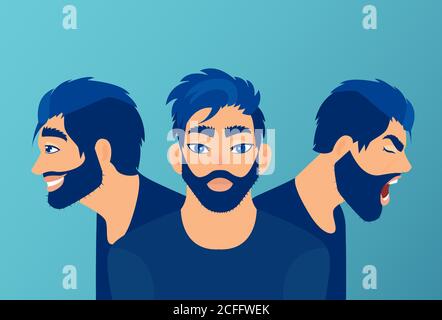 Vector of a young man with mood swings, bipolar disorder expressing anger and happiness Stock Vector