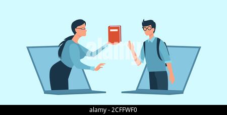 Online education concept. Vector of a teacher sharing knowledge a book with a student via computer network Stock Vector