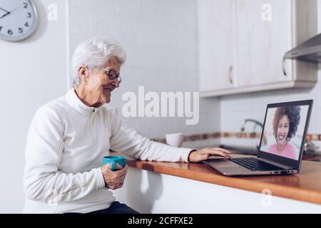 Senior Woman drinking tea and talking with daughter on laptop Stock Photo