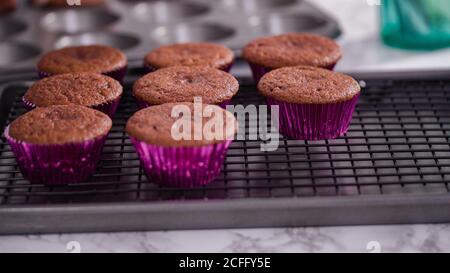 Step by step. Cooling red velvet cupcakes on a kitchen drying rack. Stock Photo