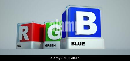 3D rendering of boxes with basic print colors Red, green and  blue known as RGB Stock Photo