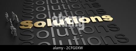 3D rendering of the word solutions in golden letters against a black background with business people Stock Photo