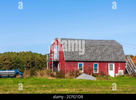 Red Barn in rural eastern Maine in October. Stock Photo